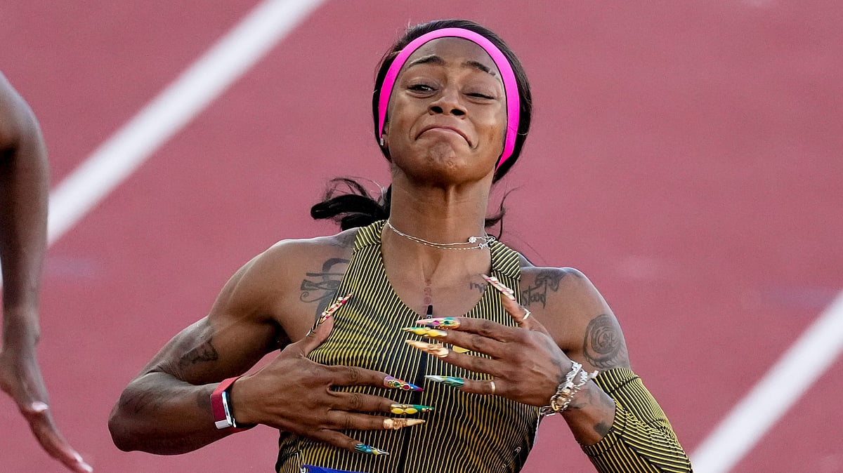 FILE - Sha'Carri Richardson celebrates her win in the wins women's 100-meter run final during the U.S. Track and Field Olympic Team Trials Saturday, June 22, 2024, in Eugene, Ore. Richardson makes her Olympic debut after her much-discussed and debated absence from the last Olympics due to a positive marijuana test.
 -  (AP Photo/Chris Carlson, File)